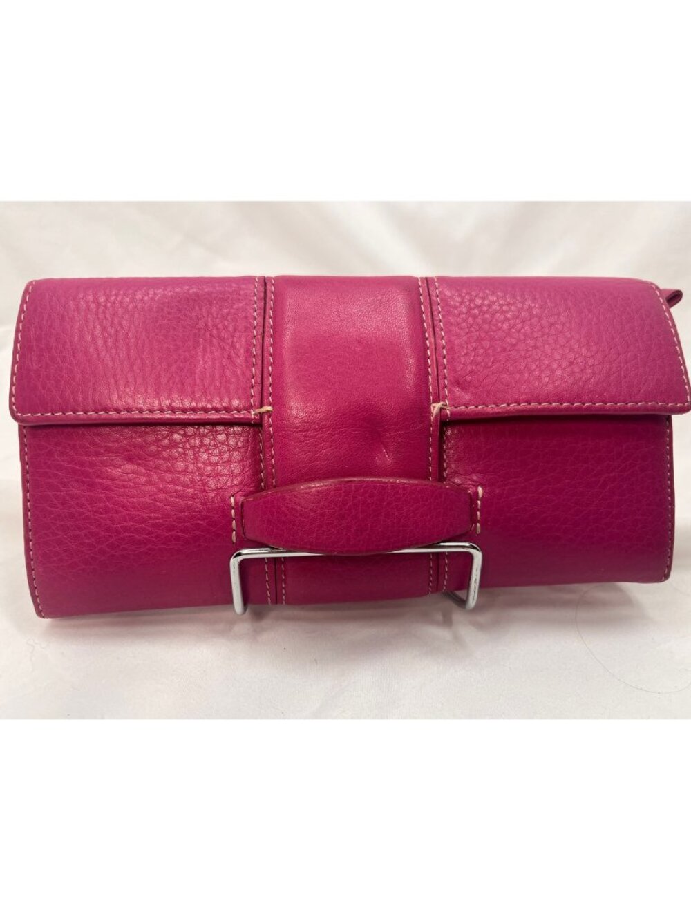 Ann Taylor Fuchsia Pink Leather Clutch Wallet Flap Card Slots Zip Coin Pocket